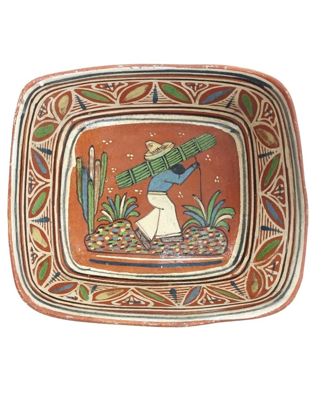 Antique Tlaquepaque Mexican Redware 7" Bowl White Green & Blue Painted Farmer